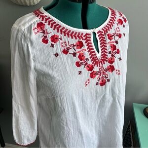 Talbots White Blouse with Red Embroidery